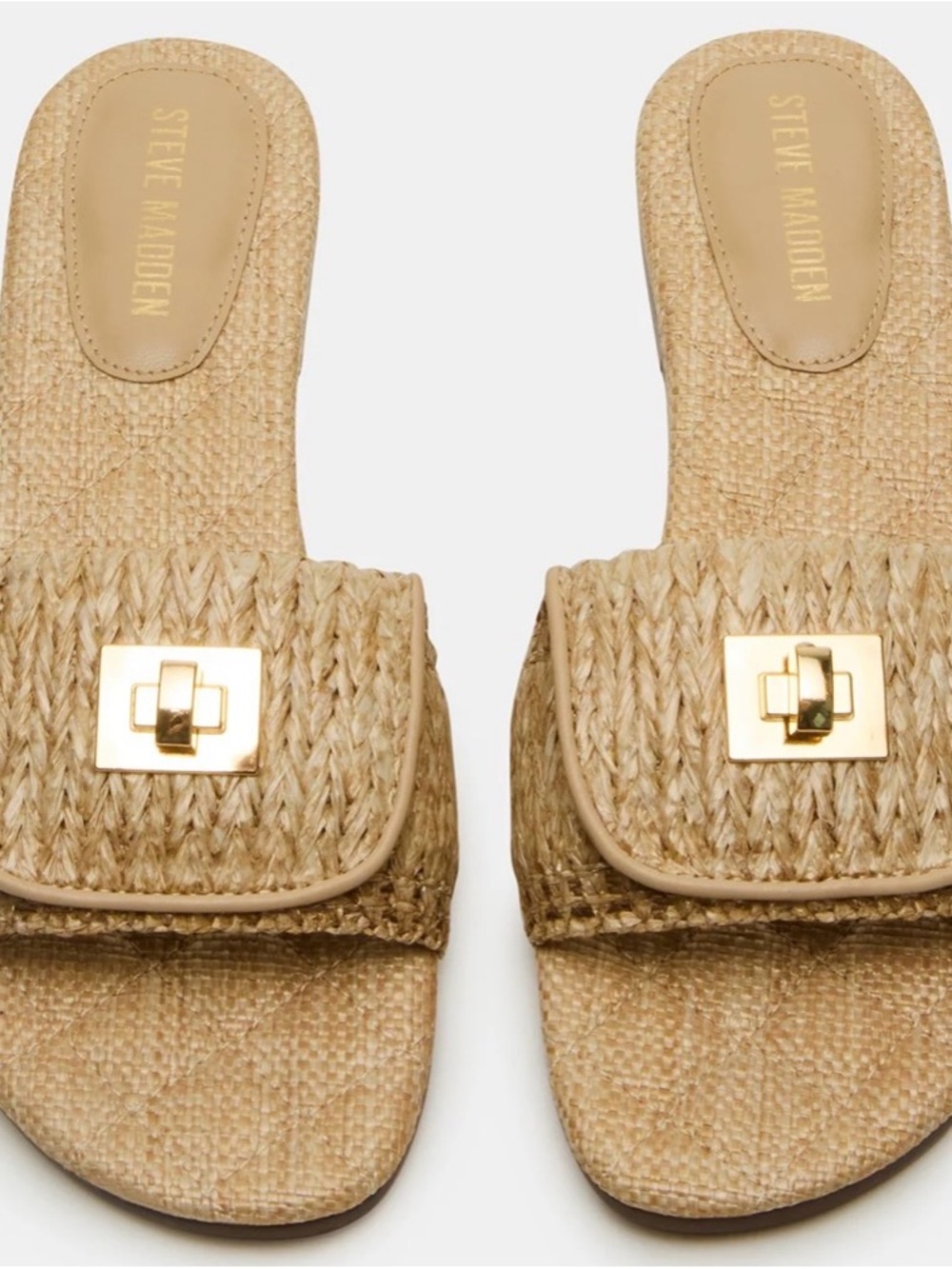 Steve Madden Natural Woven Moreland Slide Sandals with Gold Hardware